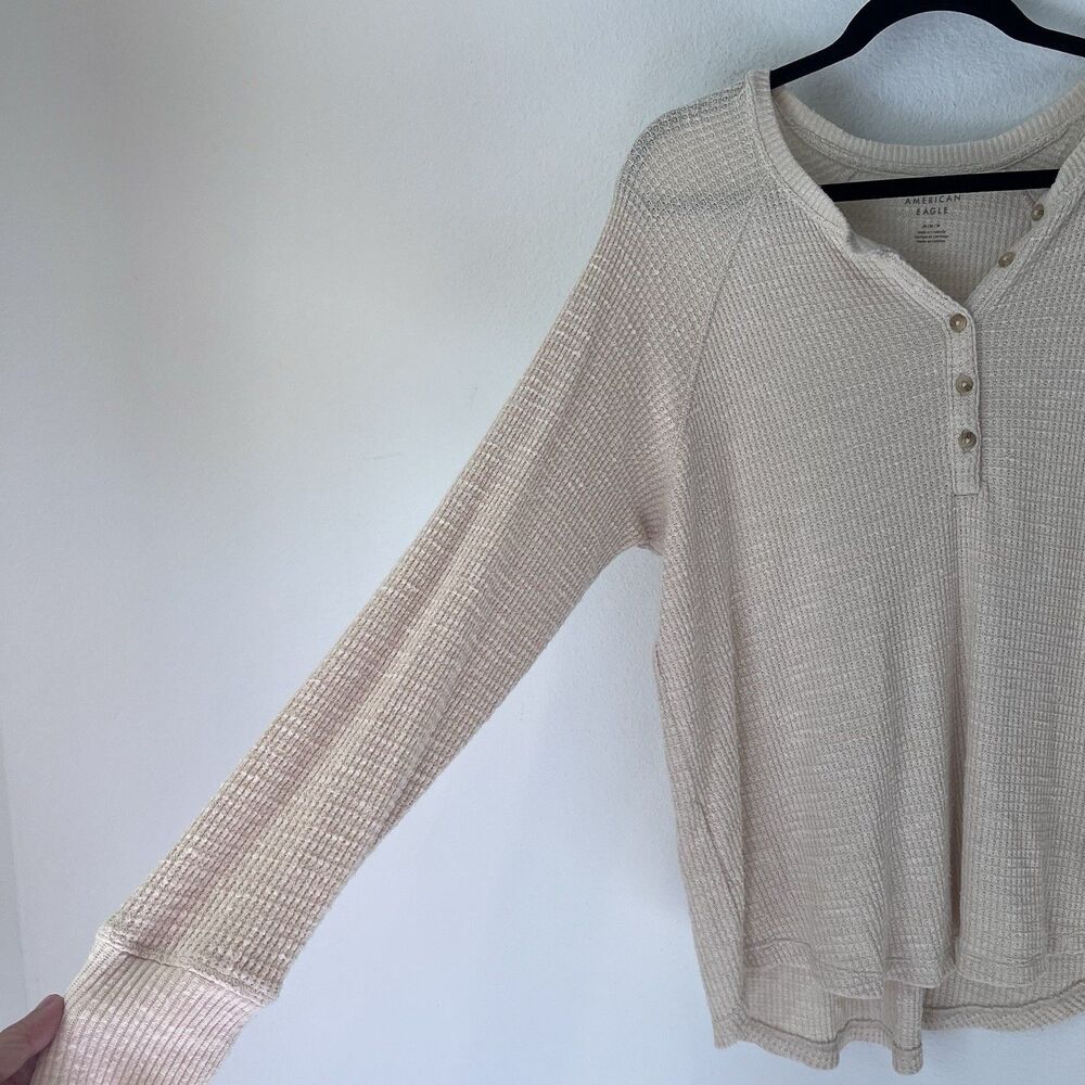 American Eagle Women's Beige Plush Long-Sleeve Henley T-Shirt, Medium Boho - Picture 4 of 7